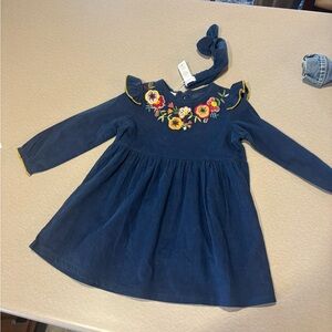 Mud Pie Navy Blue Kids Dress with Floral Embroidery